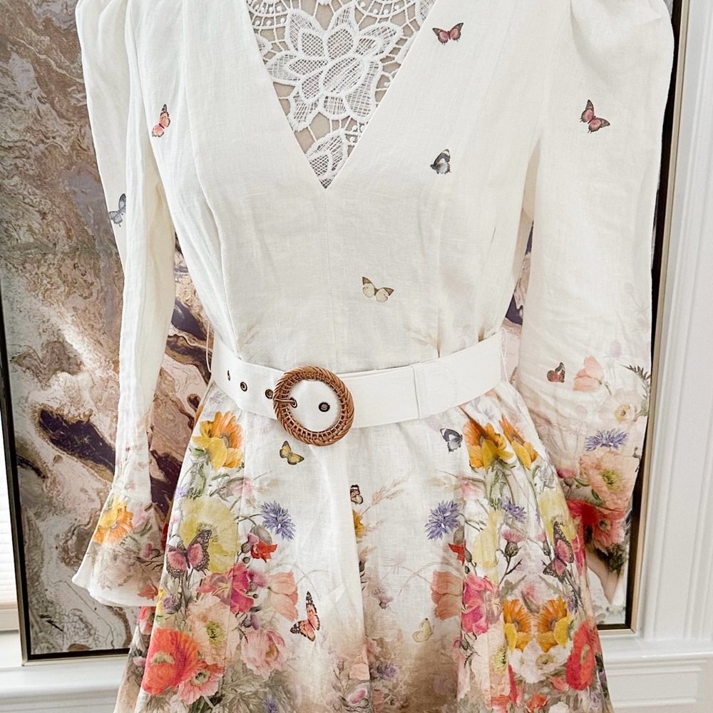 New! Zimmermann Tranquillity Butterfly Floral Linen Mini Dress - Picture 3 of 12